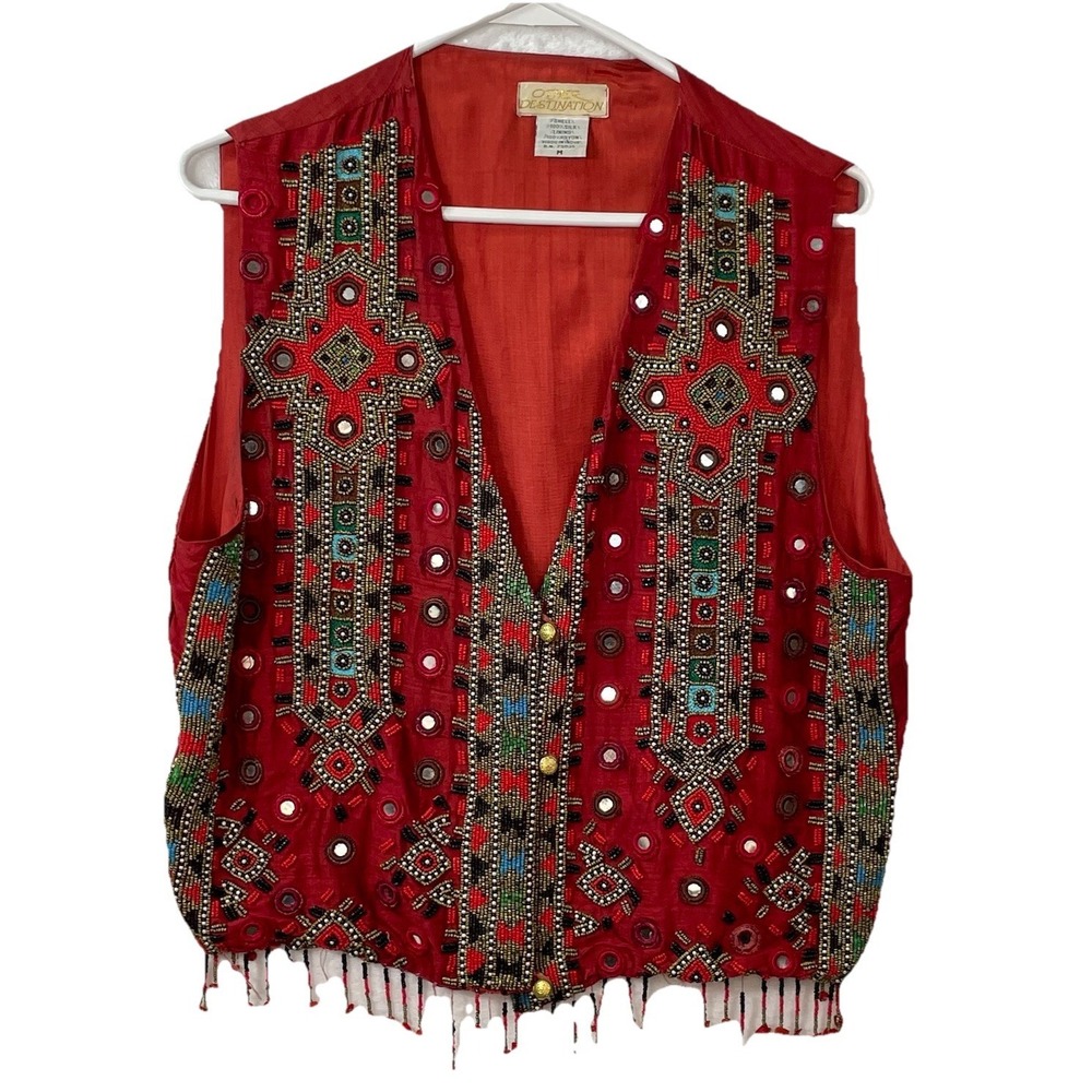 Vintage Other Destination Beaded Silk Vest Silk Medium Boho Hippie Y2K Flawed